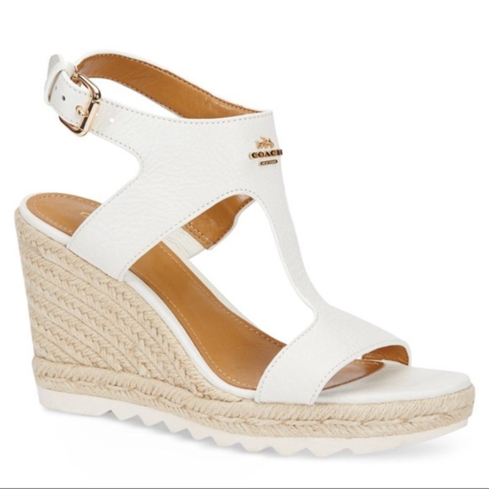 COACH White Leather Leanne Espadrille Wedge High Heel Shoe 7.5B